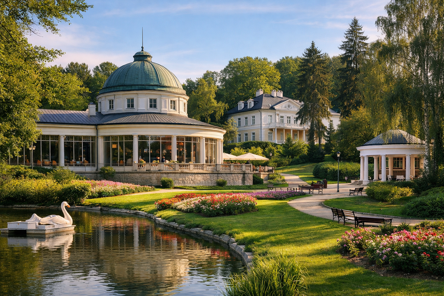 Park Zdrojowy w Nałęczowie z uzdrowiskową architekturą i zielenią