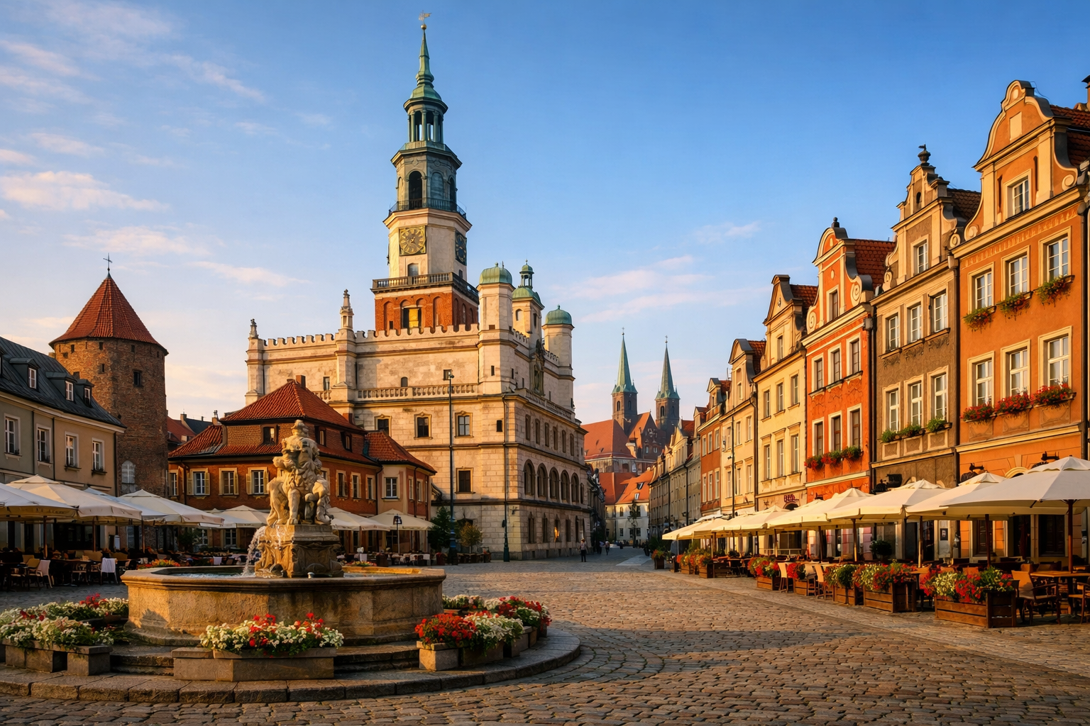 Zabytkowa starówka Gdańska z kamienicami i wieżą kościoła