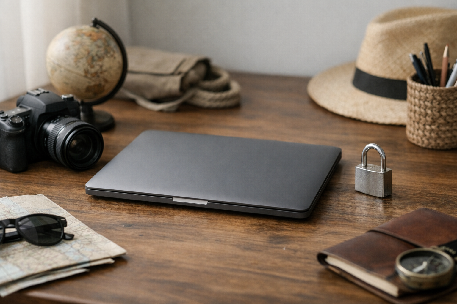 Kłódka, laptop i aparat na biurku