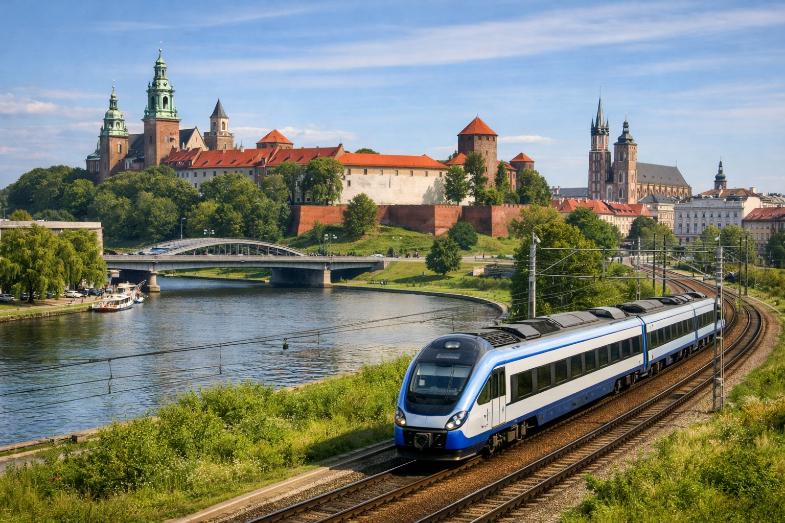 Pociąg na trasie z Krakowa do Wiednia na tle europejskiego dworca