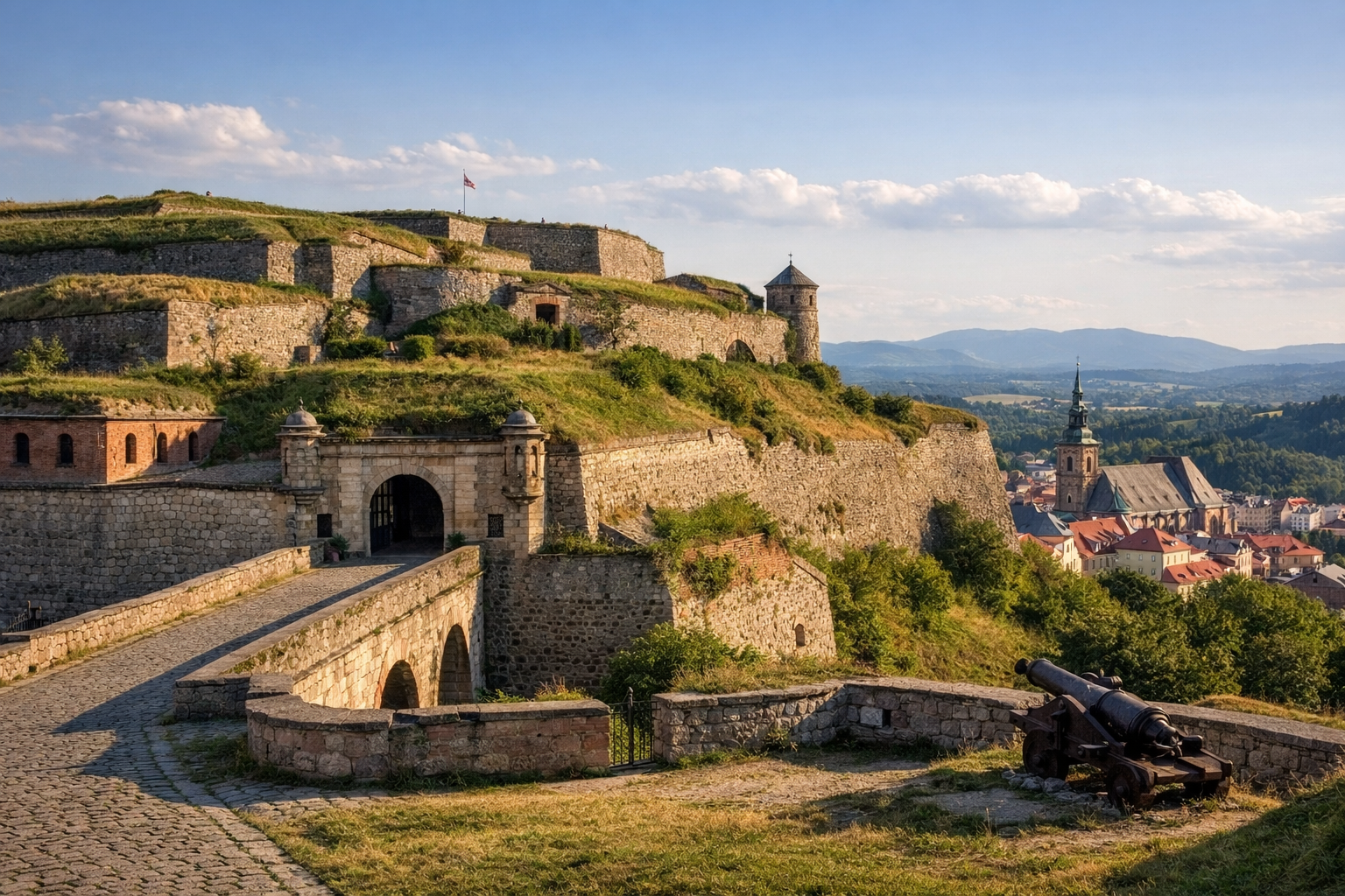 Twierdza Kłodzko z bastionami nad miastem